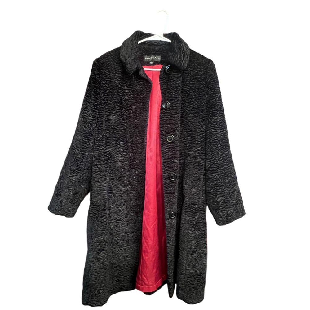 Women's PORTRAIT Black Faux Fur Coat with Red Lining, Size M